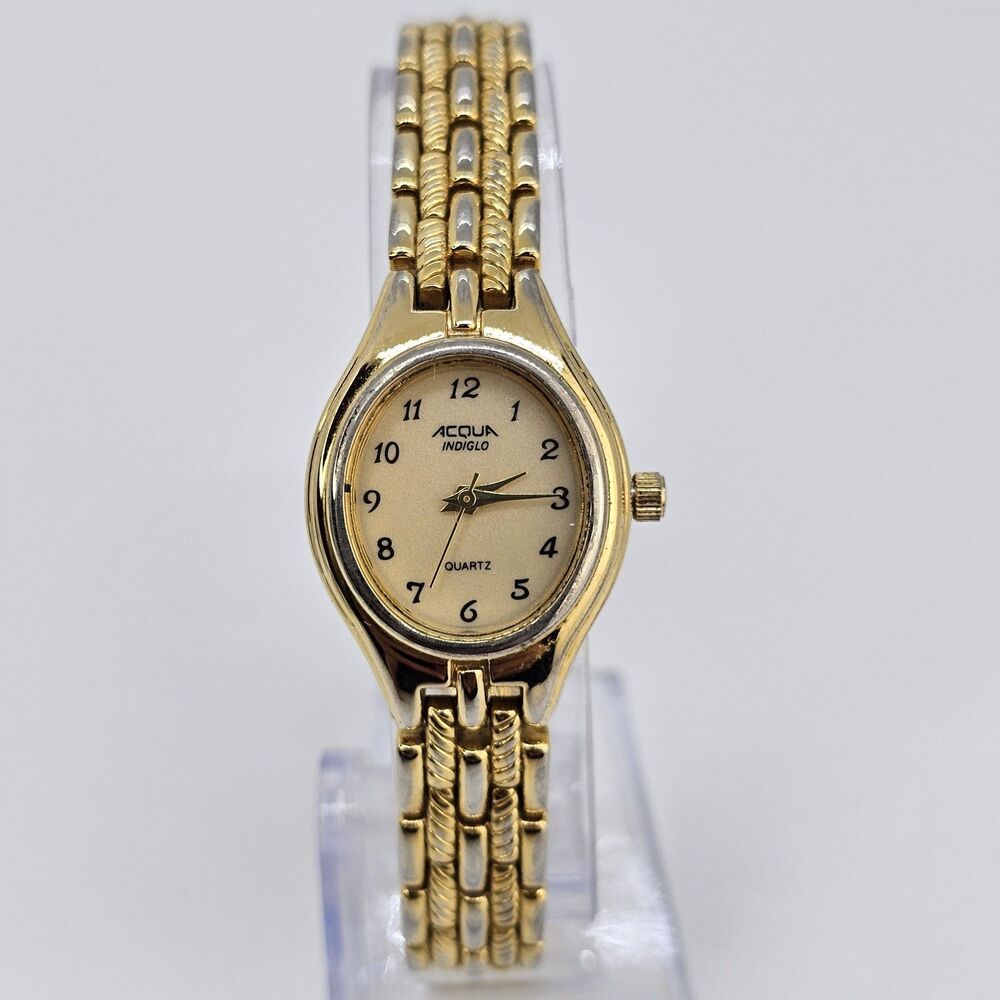 Acqua Timex Women's Watch 23MM Gold Dial‎ Two Tone Bracelet Band 7" New Battery